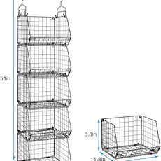 5 Tier Closet Hanging Organizer, Clothes Hanging Shelves with 4 Hanging Hooks 5 S Hooks, Wire Storage Basket Bins, for Clothing Sweaters Shoes Handbags Clutches Accessories Patent Design