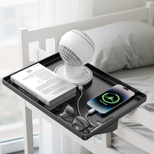 Bedside Shelf for Dorm Bunk Bed, Clip On Nightstand, Bed Side Table Tray Organizer, College Dorm Room Essentials for Girls/Guys, Bedside Tray with Cable Management for Dormitory, Back to School