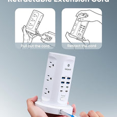 115W USB Charging Station, Surge Protector Power Strip Tower, 9 AC Outlets with 8 USB Ports(4 USB-C), 6Ft Flat Plug Retractable Extension Cord, for Home Office Dorm, White