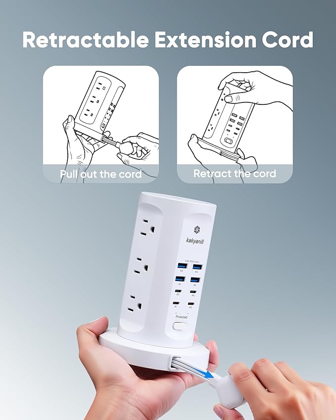 115W USB Charging Station, Surge Protector Power Strip Tower, 9 AC Outlets with 8 USB Ports(4 USB-C), 6Ft Flat Plug Retractable Extension Cord, for Home Office Dorm, White