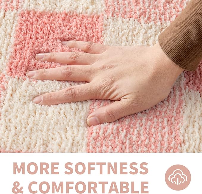 CozeCube Bath mats for Bathroom Non Slip, Fluffy Absorbent Microfiber Bath mat Washable, Aesthetic Bathroom Rugs, Long Blossom Pink Checkered Bath mat, Blossom Pink, 47" x 24"