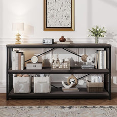 HSH 3 Tier Bookshelf, Wood Metal Low Horizontal Bookcase with Storage, Industrial 3 Tier Long Bookshelves Shelf for Bedroom, Modern Wooden Open Etagere Bookcase for Living Room, Dark Gray, 55 Inch