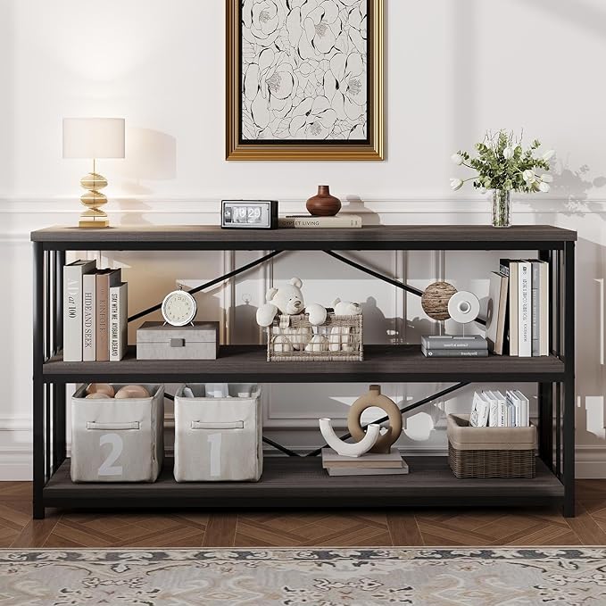 HSH 3 Tier Bookshelf, Wood Metal Low Horizontal Bookcase with Storage, Industrial 3 Tier Long Bookshelves Shelf for Bedroom, Modern Wooden Open Etagere Bookcase for Living Room, Dark Gray, 55 Inch