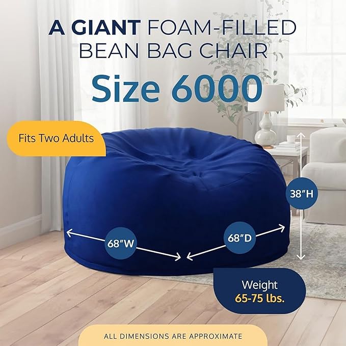 ULTIMATE SACK 6000 6-Foot Bean Bag Chair, Electric Blue Suede Cover – Oversized Foam Lounger, Floor Seat, Small Sofa, or Couch Bed for Living Area, Gaming Room, or Reading Lounge