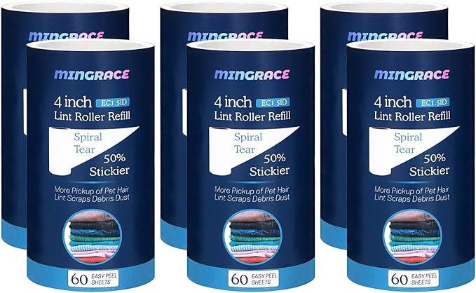 4 inch Lint Roller Refills Only Compatible with Evercare Extra Sticky Pet Hair Remover Lint Rollers, 50% More Pickup, 60 Sheets Each Refill, 6 Pack, 360 Sheets Total (1 1/2'' Inside Dia.)