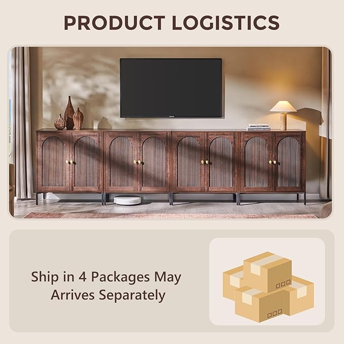 Bathroom Cabinet with Storage, 123.5" W Fluted Arched Free Standing Floor Cabinet w/Adjustable Shelves, Modern Sideboard Cabinet for Bathroom, Kitchen, Living Room, Entryway, Brown
