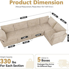 Modular Sectional Sofa,5 Pieces Sectional Couches for Living Room,131X65 L Shaped Cloud Couch with Oversized Convertible Modular Couch for Living Room