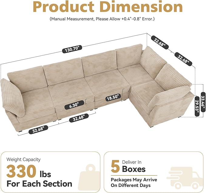Modular Sectional Sofa,5 Pieces Sectional Couches for Living Room,131X65 L Shaped Cloud Couch with Oversized Convertible Modular Couch for Living Room