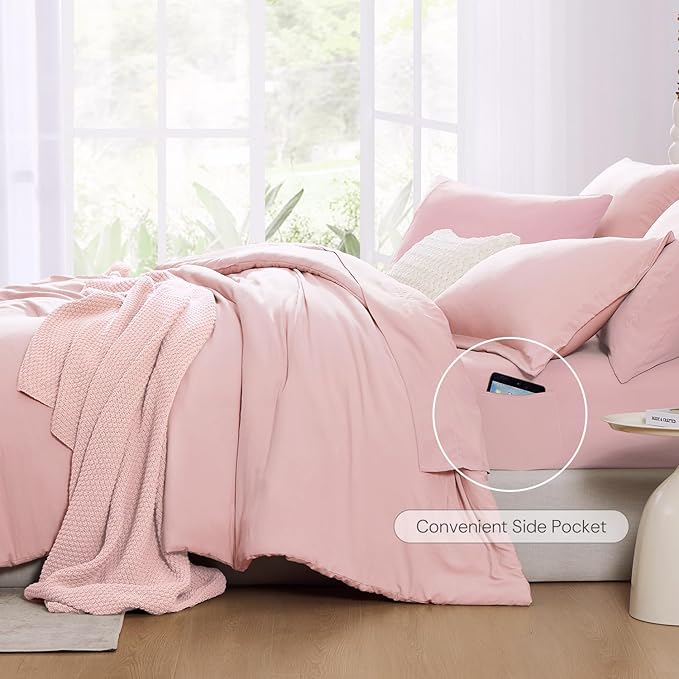 WRENSONGE Queen Comforter Set - 7 Pieces Soft Pink Soft Bed in a Bag Queen with Sheets, 2 Pillow Shams, and 2 Pillowcases- Warm Bedding Sets for All Season