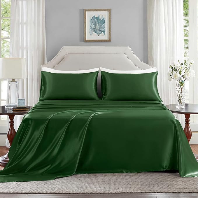 Satin Sheets Full Size - 4 Pieces Luxury Silky Soft Bed Sheets, Wrinkle-Free Dark Green Satin Silk Sheet Set with 1 Deep Pocket Fitted Sheet, 1 Flat Sheet, 2 Pillow Cases