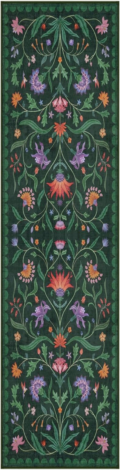 Lahome Boho Floral 2'6"x8' Washable Runners for Hallways, Kitchen Runner Rugs Non Skid Ultra-Thin, Soft Bathroom Rug Throw Carpet Runners for Bedroom Laundry Room (Forest Green,2'6"x8ft)