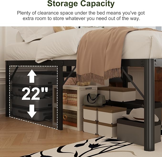 24 Inch High Queen Bed Frame Rounded Corner No Box Spring Needed, Heavy Duty Metal Queen Size Platform Bed Frame, Easy Assembly, Noise Free, Black