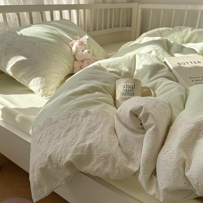 mixinni Green Gingham Duvet Cover Twin Size - 3 Piece Cottagecore Plaid Bedding Set with Lace Trim, Soft Washed Microfiber Vintage Aesthetic Grid Comforter Cover & Pillow Shams, (Green White Gingham)