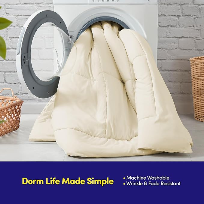 Dorm Room Essentials College Bedding Comforter Set 7 Piece Full Size Bed in a Bag for College Students Boys and Girls, Full, Cream/Beige