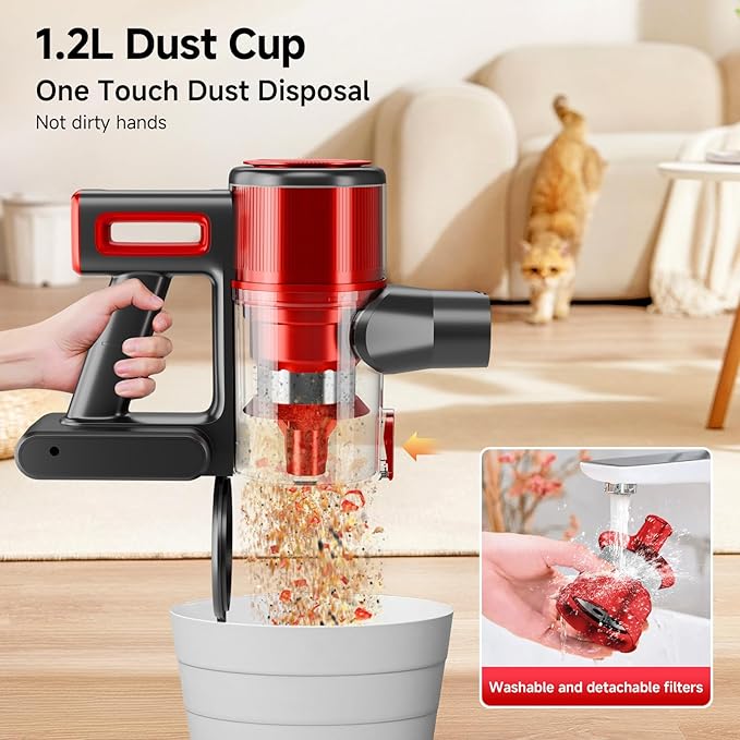 Cordless Vacuum Cleaner for Home - Lightweight, Stick Vacuum Clean with Rechargeable Battery, Max 45Mins Runtime, 8 in 1 Handheld Vacuum for Hardfloor & Carpets Pet Hair, Red&Black