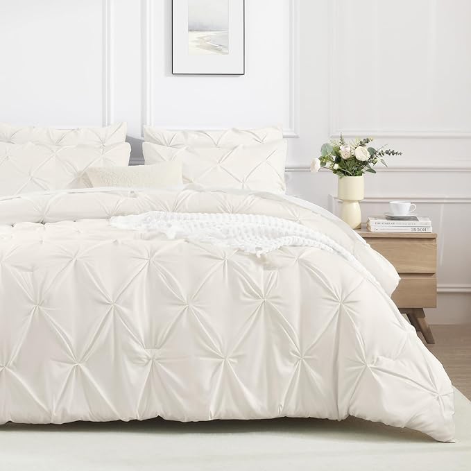Andency California King Comforter Set Ivory (104x96Inch), Pinch Pleat Cal King Comforter Set 3 Pieces, Oversized King Pintuck Bed Comforter, Microfiber Down Alternative Comforter Bedding Set