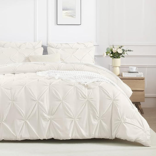 Andency Ivory Queen Comforter Set, 3 Piece All Season Decorative Pintuck Bedding Comforter & Sets, Ivory Soft Microfiber Lightweight Washable Bed Set for Queen Size Bed