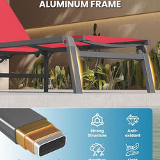 Foldable Pool Lounge Chairs, Aluminum Chaise Lounge Outdoor with 5 Positions Recliner - Free Assembly - Patio Lounge Chair for Poolside, Beach (Red)