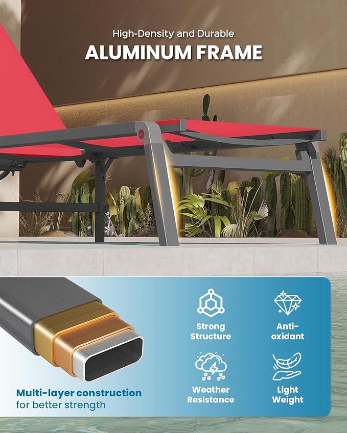 Foldable Pool Lounge Chairs, Aluminum Chaise Lounge Outdoor with 5 Positions Recliner - Free Assembly - Patio Lounge Chair for Poolside, Beach (Red)