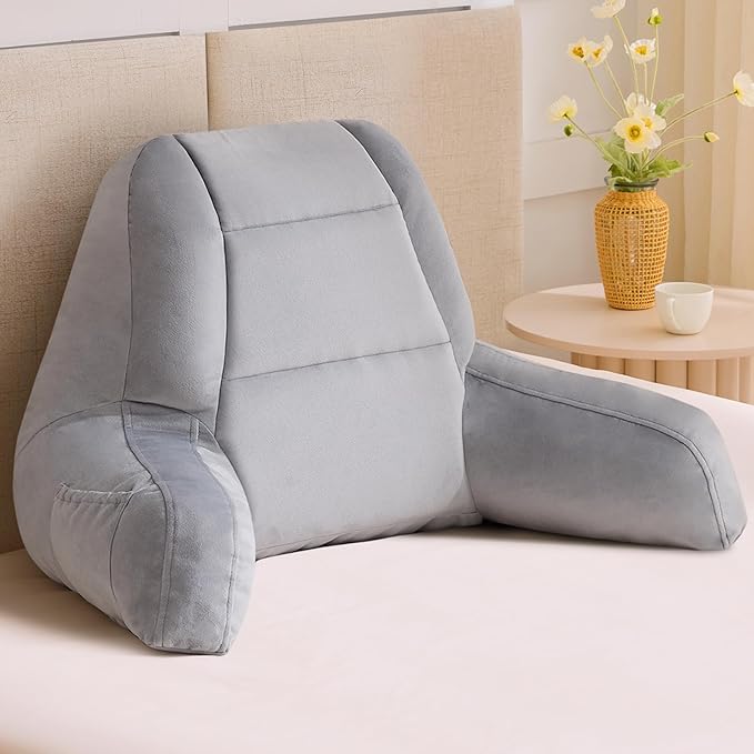 Reading Pillows for Sitting in Bed Adult, Back Pillow for Bed Sitting Up, Backrest Pillows with Shredded Foam for Adult&Teens, Support Pillow with Arms for Beds, Couch, Floor, 24in, Grey