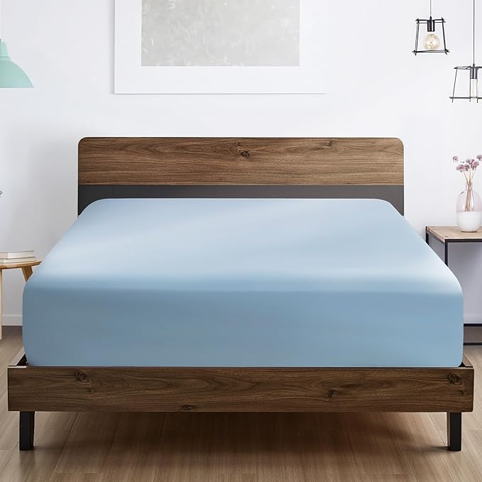 FreshCulture Queen Fitted Sheet Only - Hotel Quality Ultra Soft & Breathable Brushed Microfiber Fitted Sheet with 21 Inch Deep Pockets - Fits Queen Size Bed (Light Blue)