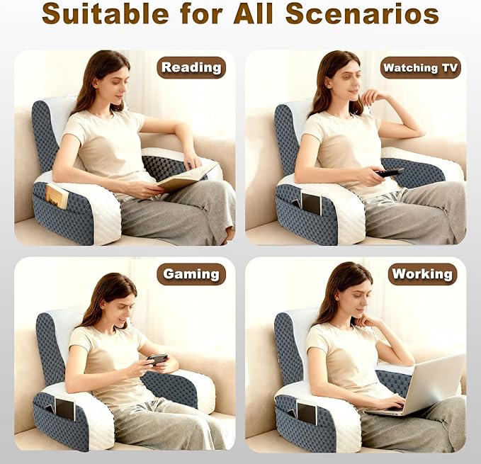 Bed Reading Pillow Back Support with Arms, Removable Pillowcase for Book Working Gaming Resting Watching TV, Gray/20in