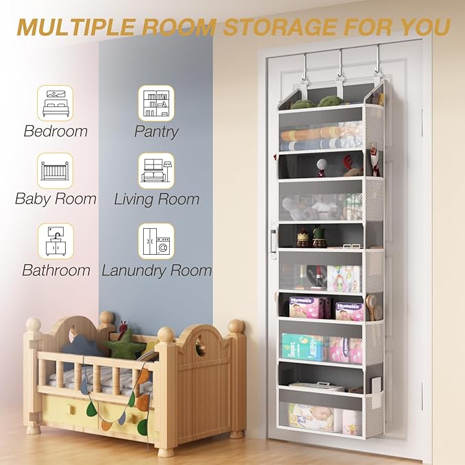 Over the Door Organizer with 5 Front & 10 Mesh Side Pockets, 50LB Capacity Extra Large Hanging Storage Organizer Multi-Room Space-Saving Design with 3 Hook for Closet, Bathroom, Kitchen, Pantry, Grey