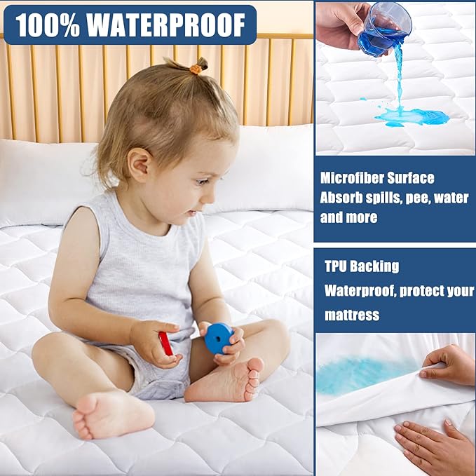Twin Size Quilted Fitted Mattress Pad, Waterproof Breathable Cooling Mattress Protector, Stretches up to 21 Inches Deep Pocket Hollow Cotton Alternative Filling Noiseless Mattress Cover