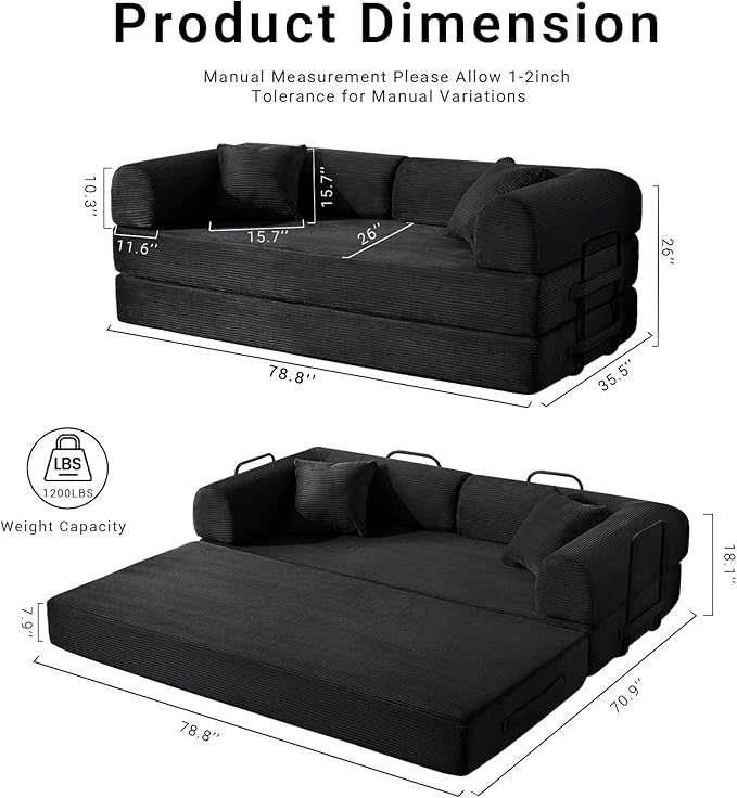 Compressed Sofa, Convertible Sofa Bed, Corduroy Compression Boneless Couch with Pillow, Comfy Modular Foldable Floor Sleeper Sofa for Bedroom, Living Room, Lounge, Studio (Black)