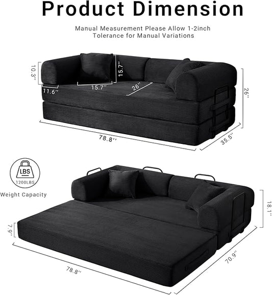 Compressed Sofa, Convertible Sofa Bed, Corduroy Compression Boneless Couch with Pillow, Comfy Modular Foldable Floor Sleeper Sofa for Bedroom, Living Room, Lounge, Studio (Black)