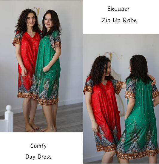 Ekouaer Women Robe Zipper Front Mumu Duster Robes Zip Up Housecoat Soft Sleepwear with Pockets