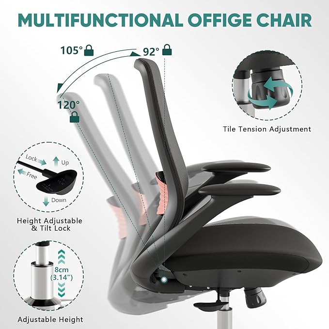 Ergonomic Mesh Office Chair, 330LBS Executive Desk Chair with Lumbar Support, 2D Armrests, Comfy Swivel Computer Task Chairs for Long Hours (Black)