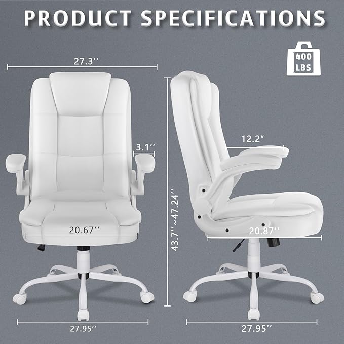 LEMBERI Flip-up Arms Office Desk Chair, Big and Tall Managerial Executive Chair, High Back Computer Chair, Ergonomic Adjustable Height PU Leather Chairs with Cushions Armrest for Long Time Sitting