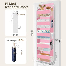 5-Tier Over The Door Organizer Hanging Storage Organizers with Clear Window 40lb Large Capacity Room Organizer for Pantry Bathroom Nursery Closet(Pink)