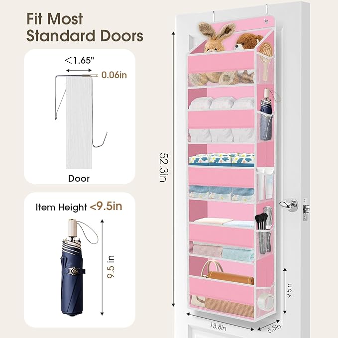 5-Tier Over The Door Organizer Hanging Storage Organizers with Clear Window 40lb Large Capacity Room Organizer for Pantry Bathroom Nursery Closet(Pink)