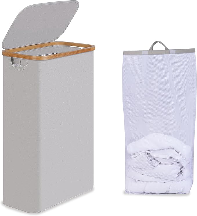 efluky Slim Laundry Hamper with Lid, Narrow Laundry Hamper with Removable Bag, Collapsible Dirty Clothes Basket with Handles for Bathroom, Bedroom & Laundry Room, 75L Light Grey