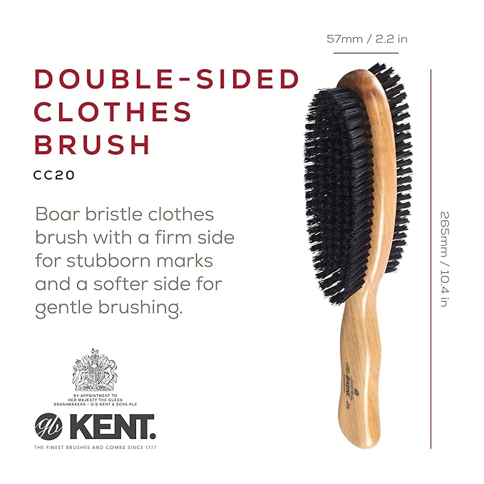Kent CC20 Double Sided Cherrywood Clothes Brush and Lint Remover, Firm Side for Dust and Dirt, Soft Side for Gentle Brushing for Keeping Fabrics Free from Fibres, Fluff and Pet Hair, Made in England