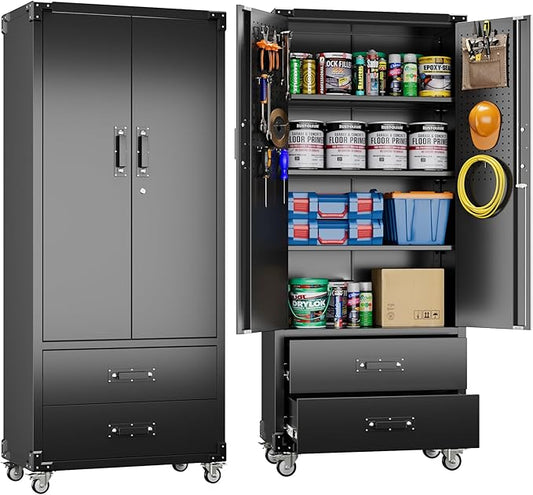 SUXXAN Rolling Storage Cabinet with 2 Doors and 2 Drawers, Heavy Duty Metal Storage Cabinet with Shelves, Locking Steel Cabinet for Warehouse, Home, Office (Black)