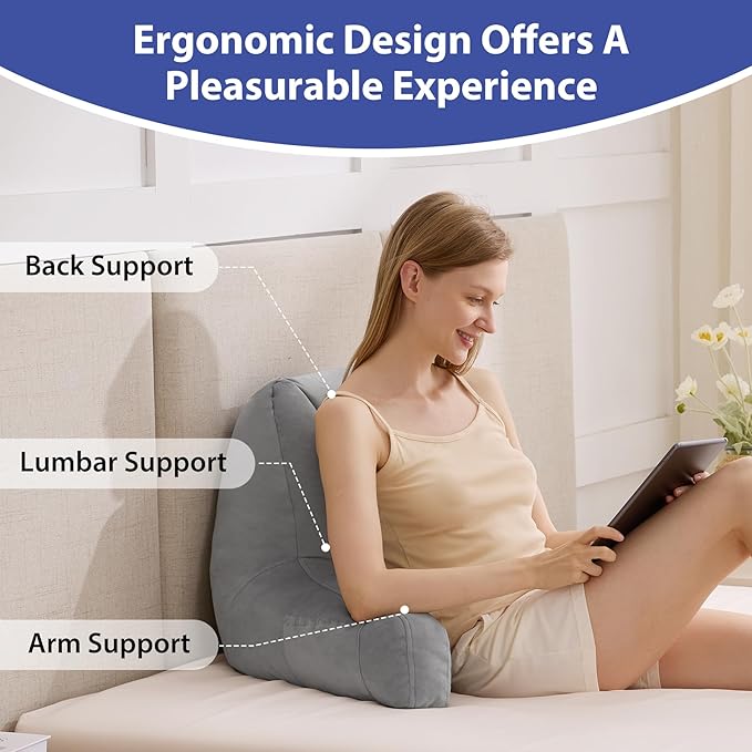 Reading Pillows for Sitting in Bed Adult, Back Pillow for Bed Sitting Up, Backrest Pillows with Shredded Foam for Adult&Teens, Support Pillow with Arms for Beds, Couch, Floor, 18in, Grey