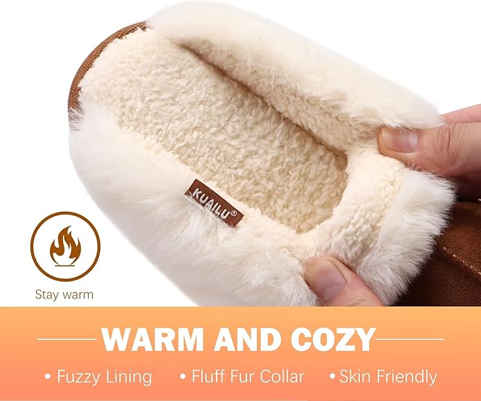 KuaiLu Womens Fluff Dual Memory Foam Slippers Ladies Cozy Arch Support Warm Scuff Slippers Slip on Comfy Winter House Shoes with Non-Slip Indoor Outdoor Hard Sole