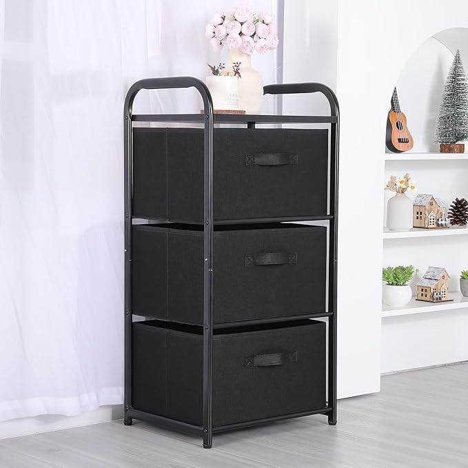 MAX Houser Dresser Storage with 3 Easy Pull Fabric Drawers, Fabric Dresser Tower,Vertical Storage Unit for Bedroom,Chest of Drawers with Metal Frame, Wooden Tabletop, for Living Room, Closet (Black)