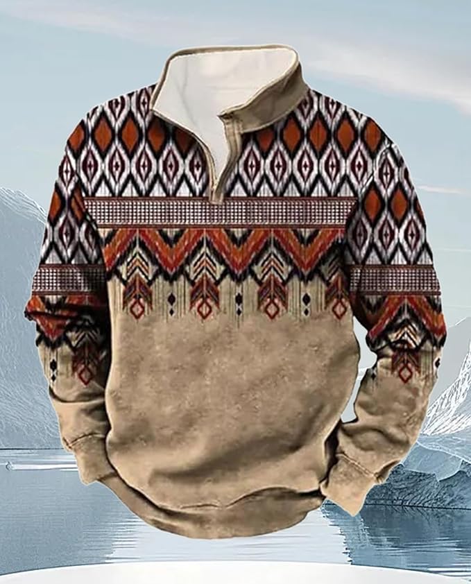 Western Sweatshirts for Men Aztec Cowboy Vintage Graphic Fleece Hoodie Mens Quarter Zip Pullover Country Jacket
