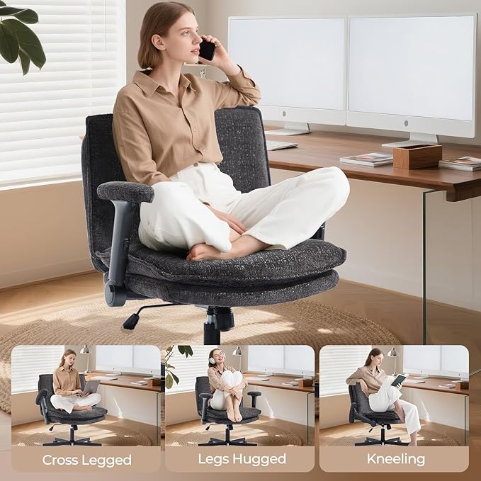 Criss Cross Chair with Flip-Up Arms and Lockable Wheels, Plush Fabric Cross Legged Office Desk Chair,Wider 125°Tilting Adjustable Swivel Computer Chair for Home, Apartment, Bedroom,Black