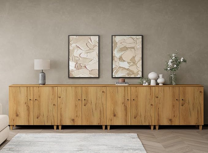 WAMPAT Storage Cabinets with Doors, Set of 4 Wood Sideboards Extra Wide Buffet Storage Cabinets, Accent Cabinets with 12 Compartments for Living Room, Dining Room, Kitchen, 2 Packs, Rustic Oak Brown