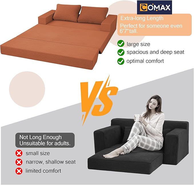 COMAX Convertible Sofa Bed Queen, Corduroy Folding Floor Couch Pull Out Couch Bed Futon Sleeper with Pillows, Fold Out Boneless Sofa Comfy Lounge Mattress Loveseat for Living Room Bedroom
