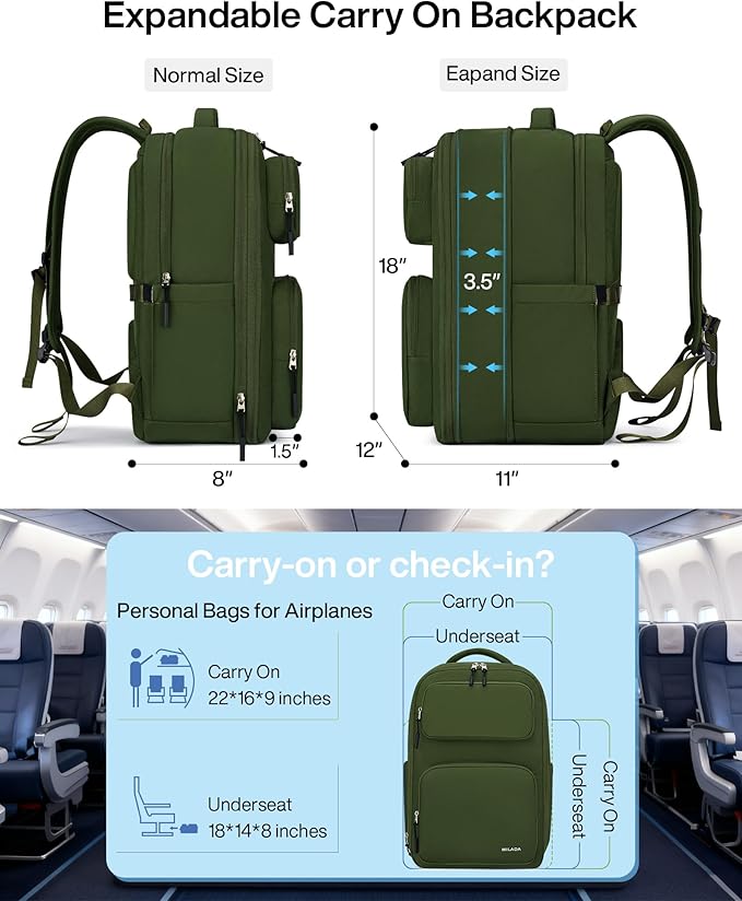 MILADA Expandable Travel Backpack 28L to 39L, TSA-Approved Carry On Backpack with 17 Inch Laptop Compartment, School Business Work Backpack for Men & Women, Green