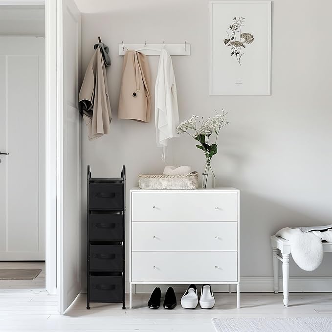 MAX Houser 4 Drawer Narrow Dresser Fabric Storage Tower Vertical Slim Storage Chest Organizer Nightstand Side/End Table Small Standing Organizer Removable Drawers Wood Top for Bedroom, Bathroom（Black)