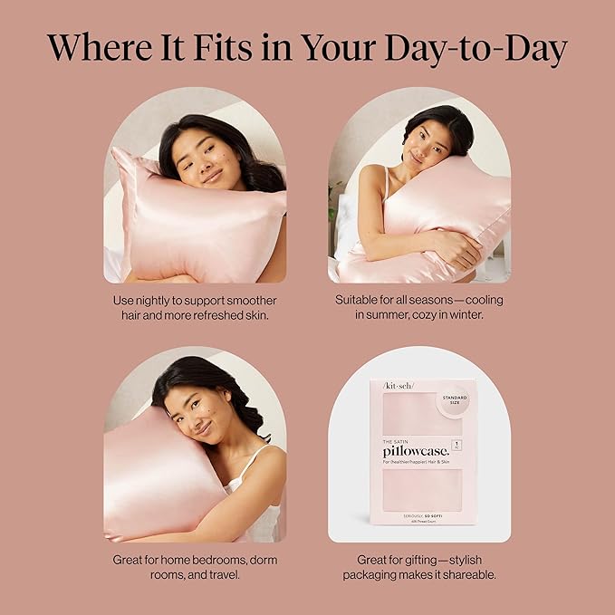 Kitsch Satin Pillowcase with Zipper for Hair & Skin, Softer Than Silk Pillow Cases Queen, Smooth Pillow Covers, Machine Washable, Wrinkle-Free, Cooling Satin Pillow Cases Standard Size 19"x26" (Blush)