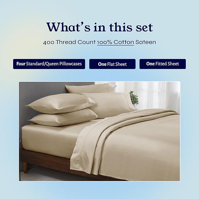 California Design Den 6 Piece Queen Sheet Set with 4 Pillowcases - Soft 400 Thread Count Sateen, 100% Cotton Sheets Queen Size Bed Set with Deep Pockets, Durable Bedding - Beige (Golden Tone) CaliforniaDesignDen