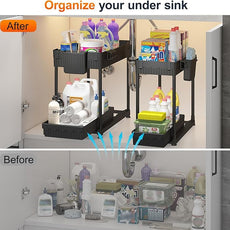 Under Sink Organizer, Bathroom Organizers and Storage, 2 Tier Multi-Use Pull Out Cabinet Organizer with Hang Hooks and Cups (Black, 2 Pack)
